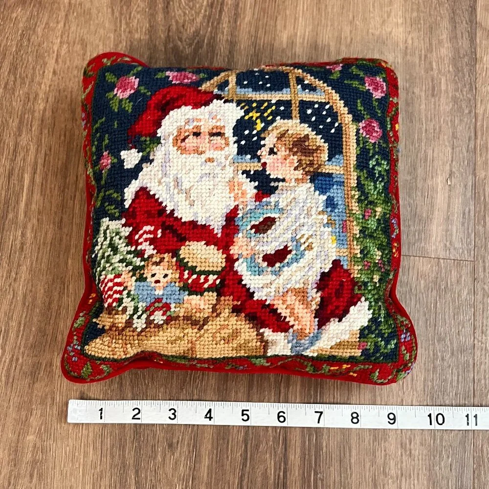 Vintage Needlepoint Christmas Throw Pillow Velvet Santa Holiday Decor